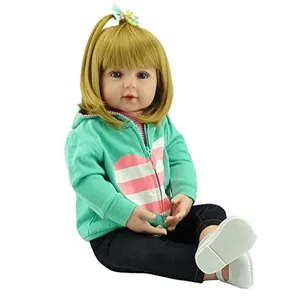 60cm realistic reborn baby doll with blonde hair wearing a mint green hoodie and white shoes