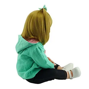60cm lifelike reborn baby doll in mint green hoodie with long blonde hair and bow
