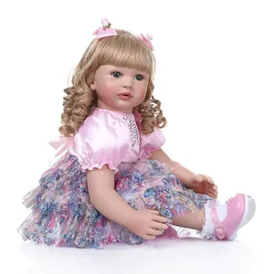 Reborn princess doll 60cm with long blonde hair in floral lace dress and pink shoes
