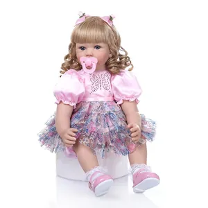 60cm realistic reborn toddler doll with long blonde hair, blue eyes and pink satin dress