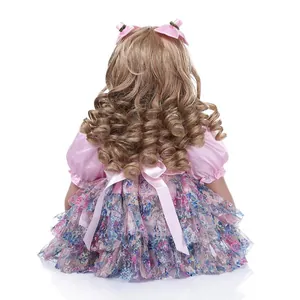 Back view of 60cm reborn princess doll with long blonde curls and floral lace dress