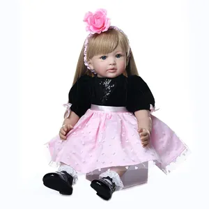Bambola Reborn Realistica Bambina Capelli Biondi Lunghi Fascia Fiore Rosa Vestito Principessa Pois Maglia Velluto Nero