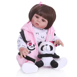 Realistic 48cm silicone baby girl doll in pink panda outfit with plush panda toy