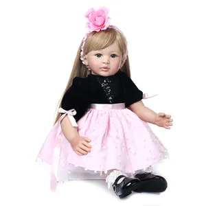 Bambola reborn principessa con lunghi capelli biondi, fascia a fiori rosa e gonna tutu