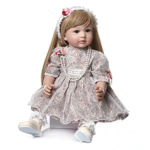 Poupée réaliste bébé Reborn aux cheveux blonds en robe de dentelle rose fleurie et perles