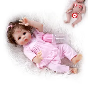 Realistic Reborn Baby Doll Full Body Silicone Washable Brown Curly Hair Blue Eyes Pink Clothes Feeding Bottle Toy For Girls