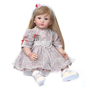 Poupée Reborn Réaliste Petite Fille Membres en Silicone Corps en Coton Poupée Princesse Cheveux Blonds Robe en Dentelle Florale Enfants