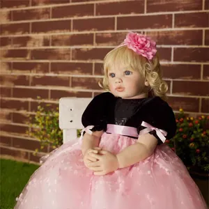 60cm realistic reborn toddler doll with long blonde hair and pink princess lace dress