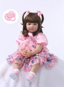 Détails de poupée princesse 60cm avec cheveux bruns, robe à fleurs et ours en peluche