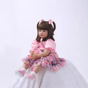 Poupée Bébé Reborn Réaliste Silicone Souple Princesse avec Robe Fleurie Rose et Ours en Peluche Cadeau pour Filles