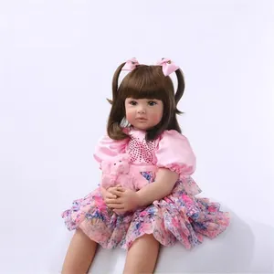 Poupée princesse réaliste de 60cm en robe à fleurs rose avec petit ours en peluche
