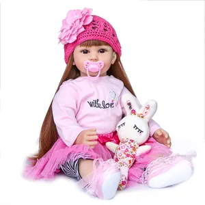 Handmade Realistic Reborn Baby Doll Soft Silicone Cloth Body Toddler Princess Toy Long Brown Hair Pink Tutu Outfit Girl Gift
