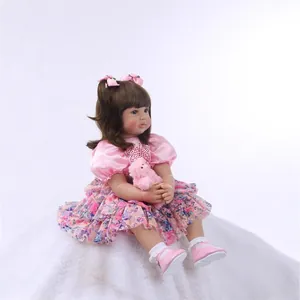 Poupée princesse réaliste de 60cm en robe de dentelle rose avec petit ours en peluche