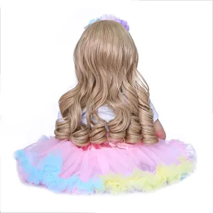60cm reborn toddler doll with long curly blonde hair wearing a colorful tutu skirt