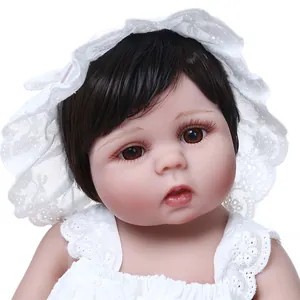 Lifelike 47cm reborn baby girl doll in white lace dress and matching lace bonnet