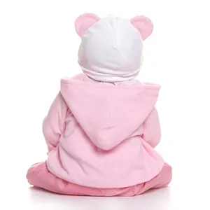 Rear view of pink hooded fleece suit and white bear ear hat for 55cm baby doll