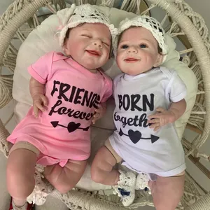 Realistic Reborn Twin Baby Dolls Soft Silicone Limbs Cloth Body Handmade Rooted Hair Simulation Twin Dolls With Pink White Clothing And Knitted Hats For Kids Playmate