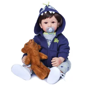 60cm realistic reborn toddler doll in blue monster hoodie with teddy bear and pacifier