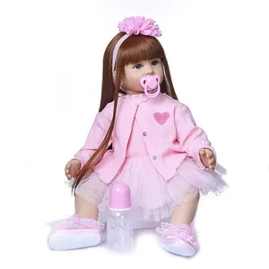 60cm realistic reborn baby girl doll with brown hair in pink heart dress and accessories