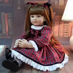 Realistic Silicone Reborn Toddler Girl Doll With Red Plaid Lace Dress Soft Cotton Body Long Hair Reborn Doll For Kids Gift