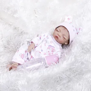 Realistic 30cm sleeping baby reborn doll in heart print jumpsuit with feeding bottle
