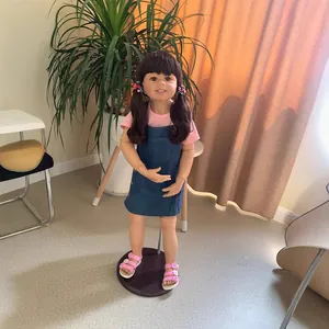 Lifelike Reborn Toddler Girl Doll Silicone Body Brown Hair Pink Shirt And Denim Pinafore Dress Decorative Model Doll