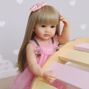 Poupée Reborn fille 55cm en silicone réaliste avec cheveux blonds et robe en tulle rose