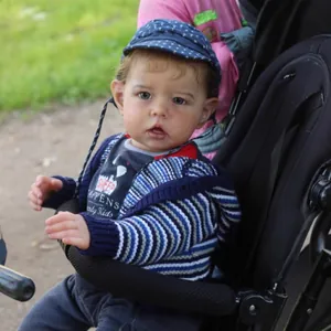 Lifelike 22-inch Liam reborn baby doll with curly hair sitting in a black stroller outdoors