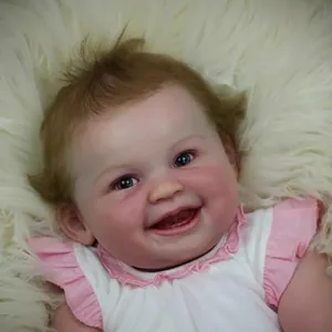 22-inch lifelike reborn baby doll with a smiling face, blue eyes, and soft brown hair