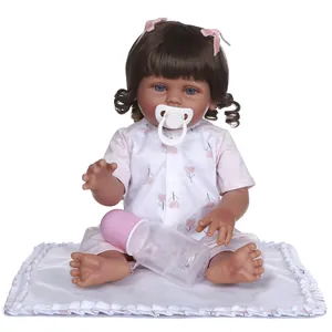 Realistic 47cm full body silicone reborn baby girl doll with curly hair and bottle