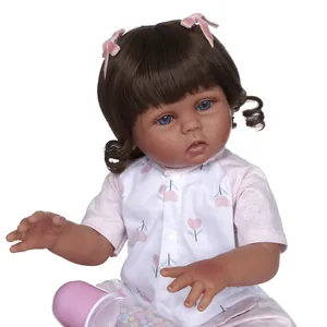 Realistic 47cm dark skin reborn baby girl doll with curly hair, pink bows and bottle