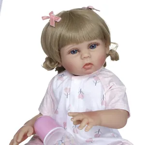 Realistic 47cm full body silicone reborn baby girl doll with blonde hair and nursing bottle