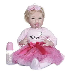 Lifelike 22-inch reborn baby girl doll with blonde curls and pink tulle dress set