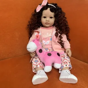 60cm Realistic Reborn Toddler Girl Doll With Curly Hair Pink Hoodie Outfit Plush Giraffe Simulation Silicone Baby Doll Kids Roleplay Gift