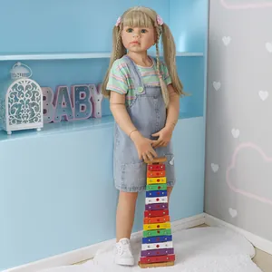 98cm large lifelike toddler doll in striped shirt and denim dress with wooden toy