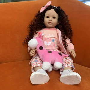 60cm reborn toddler doll with curly hair, pink fox outfit and plush giraffe toy