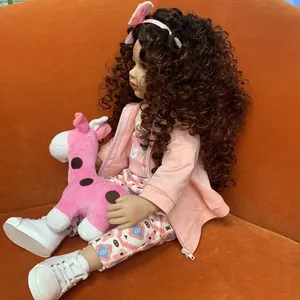Realistic 60cm reborn toddler doll with curly hair, pink outfit and plush giraffe toy