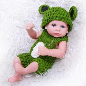 Mini Lifelike Reborn Baby Doll Soft Silicone Mixed Body Mohair Hair Washable Green Frog Knit Hat Outfit Doll Toy