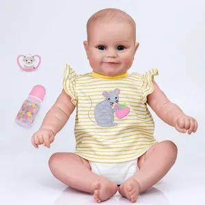 Realistic Reborn Baby Doll Maddie Soft Silicone Limbs Cloth Body Yellow Striped Top Diaper Bottle Pacifier Hand Painted Hair