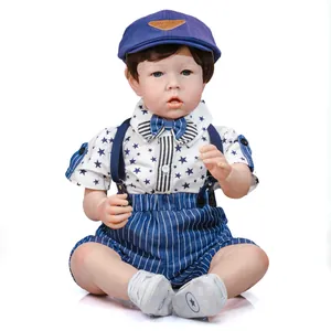 Realistic 70cm reborn toddler Liam boy doll in blue star shirt and striped overalls