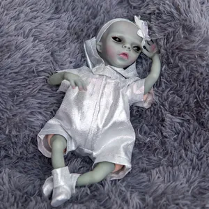 Realistic Reborn Alien Baby Doll Soft Silicone Grey Green Skin Silver Metallic Romper For Children Collection Toy Gift