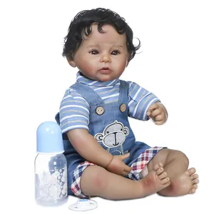 50cm lifelike black newborn baby doll wearing striped shirt and monkey denim overalls