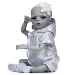 38cm realistic alien baby doll in metallic silver hoodie with floral headband