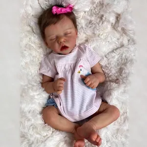 Realistic Reborn Baby Doll Newborn Simulation Toy Realistic Skin Texture Hand Rooted Hair With Striped Top And Ruffled Shorts Bow Headband