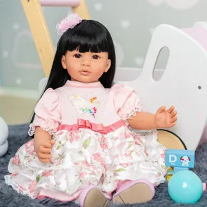 60cm Reborn Toddler doll with long black hair in pink floral princess dress