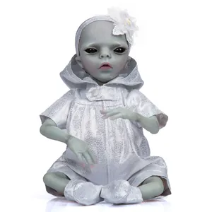 38cm realistic alien newborn doll in shiny silver hooded romper and white flower headband