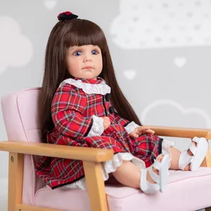 Poupée Reborn Réaliste Fille Avec Robe à Carreaux Longs Cheveux Bruns Corps en Tissu Silicone Vinyle Jouet Cadeau Bébé