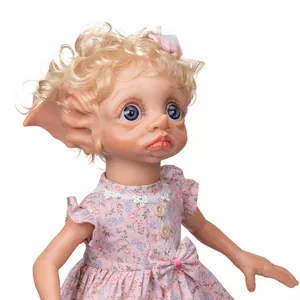 Realistic 40cm elf reborn doll with pointed ears and pink floral dress in high detail