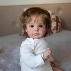 Realistic Reborn Baby Doll Silicone Limbs Cotton Body Realistic Newborn Doll White Clothes Brown Curly Hair Toddler Toy Gift