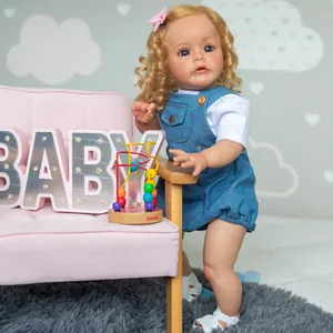 60cm lifelike reborn toddler doll with blonde curly hair and blue eyes in denim overalls